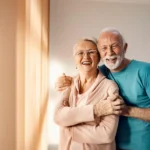 a senior couple holding each other while they smile for the camera